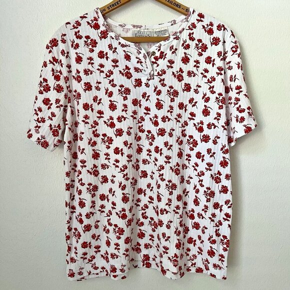 90s Basic Editions red white floral short sleeve ribbed‎ pullover top M - Picture 1 of 5